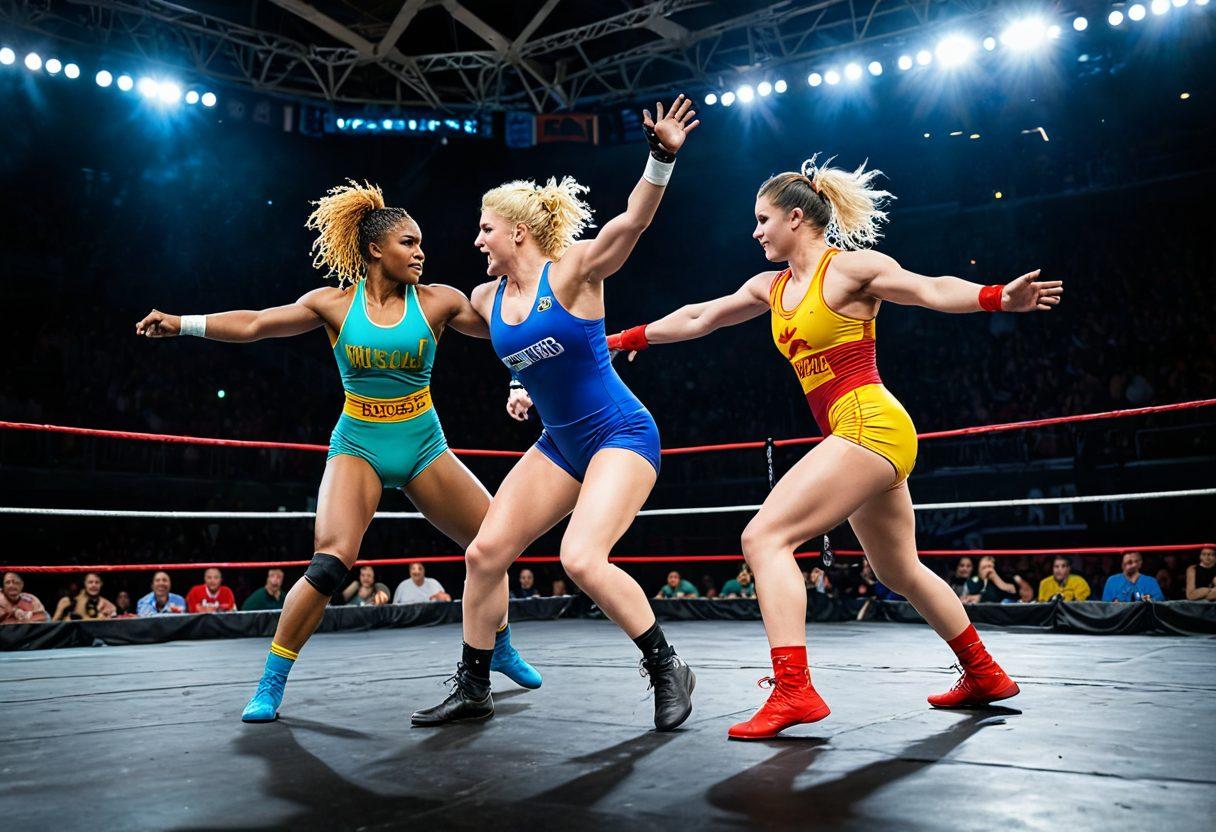 A dynamic wrestling scene featuring strong and confident female wrestlers showcasing their athleticism and charisma in a vibrant arena. The background includes colorful banners and an electrifying crowd cheering wildly. Each wrestler has a unique style, with variations in costumes, hairstyles, and expressions that radiate charm and fierceness. The overall atmosphere is lively and empowering. vivid colors. super-realistic. action-packed.