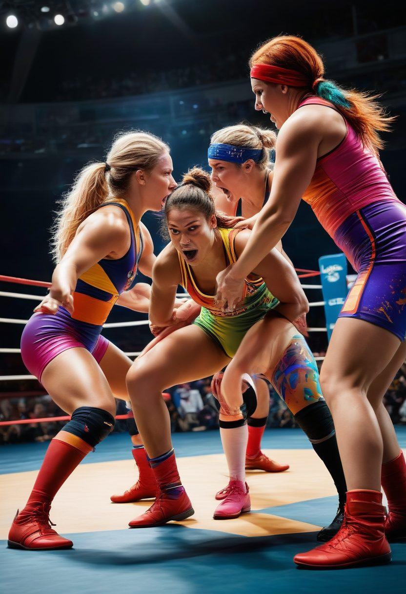 A dynamic scene featuring a diverse group of powerful female wrestlers in action, showcasing their strength and charisma in a wrestling ring. The wrestlers, adorned in vibrant and colorful costumes, are caught mid-move, exuding confidence and determination. The audience in the background is cheering enthusiastically, amplifying the energy of the moment. Highlight their athleticism and unique styles, with dramatic lighting to enhance the scene. super-realistic. vibrant colors. action-oriented.